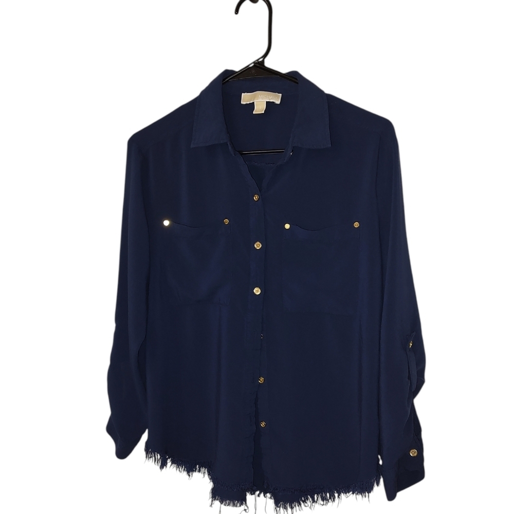 Michael Kors Navy Button Down Shirt With Fringe Hem - Picture 2 of 4